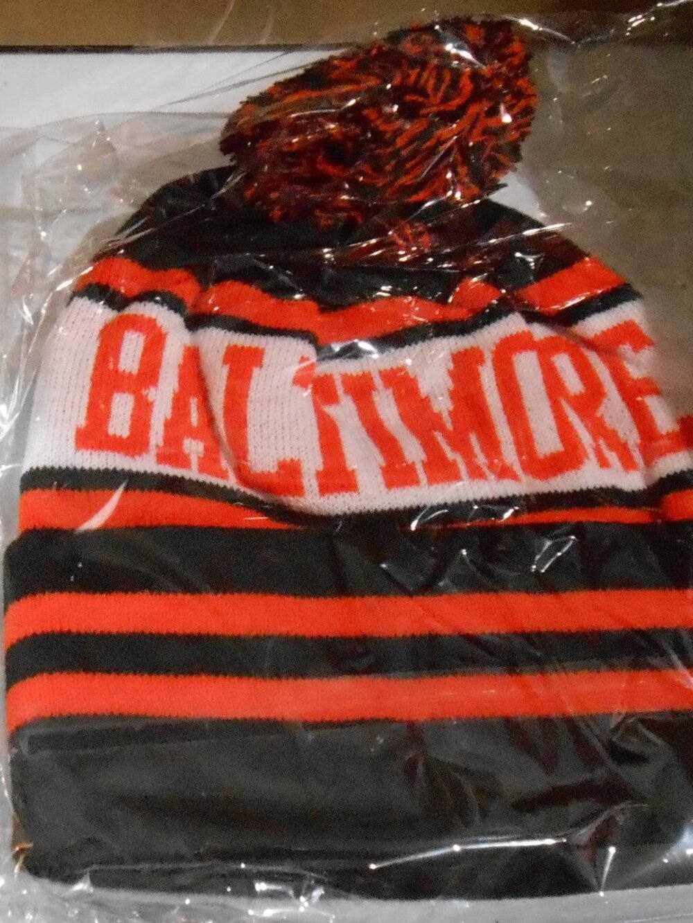Baltimore Black Orange White Stripe Beanie Winter Hat Pom + Matching Gloves-NEW